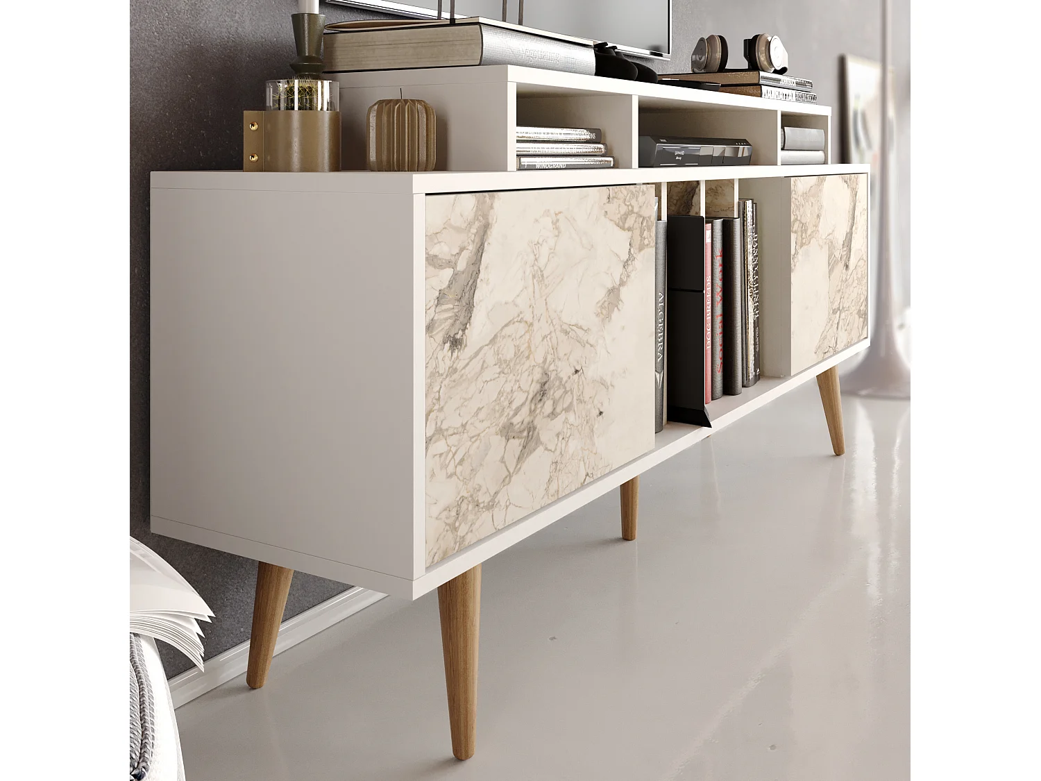 Decorotika Char  TV Unit for TVs up to 72 inch White and White Marble Effect