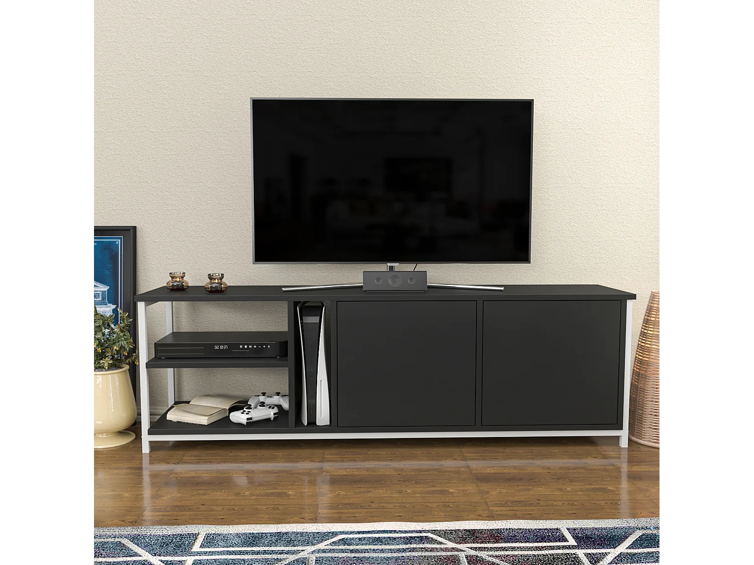 Decorotika Primrose TV Unit for TV's up to 72 inches with Cabinets and Open Shelves
