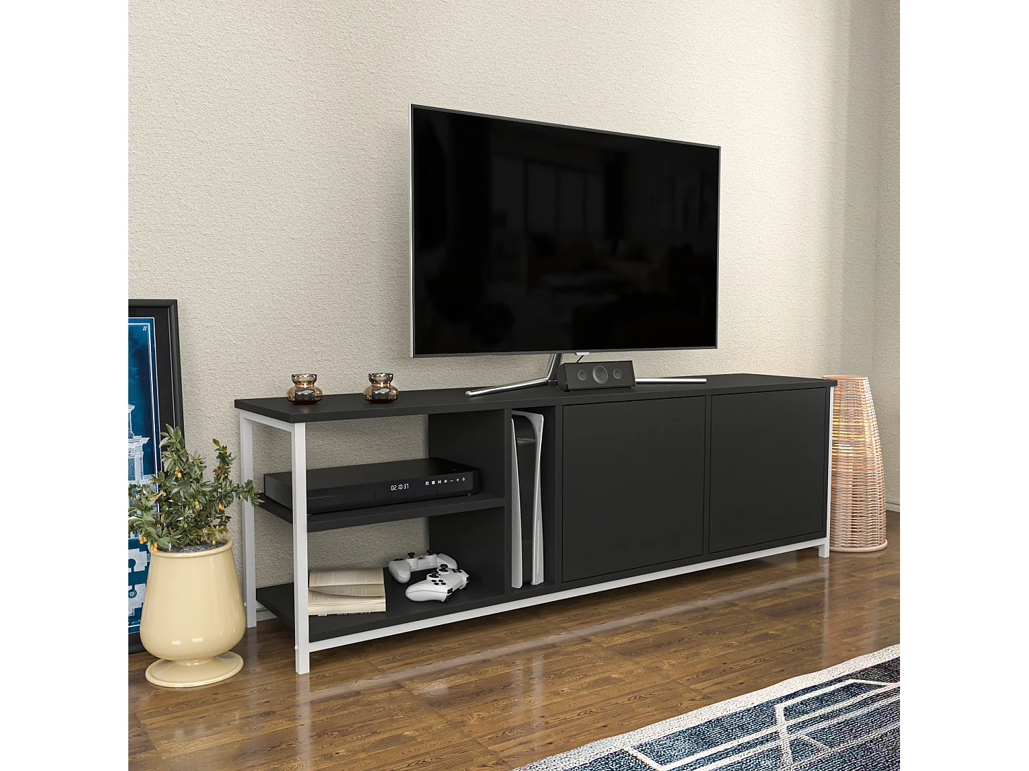 Decorotika Primrose TV Unit for TV's up to 72 inches with Cabinets and Open Shelves