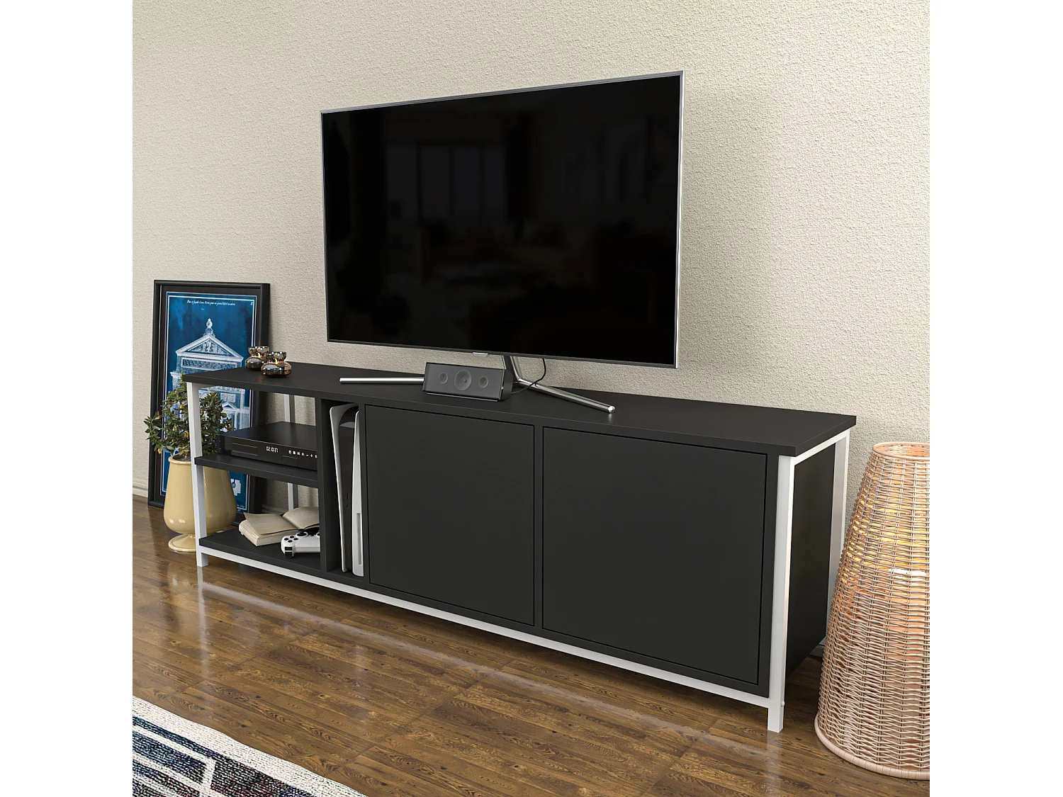 Decorotika Primrose TV Unit for TV's up to 72 inches with Cabinets and Open Shelves