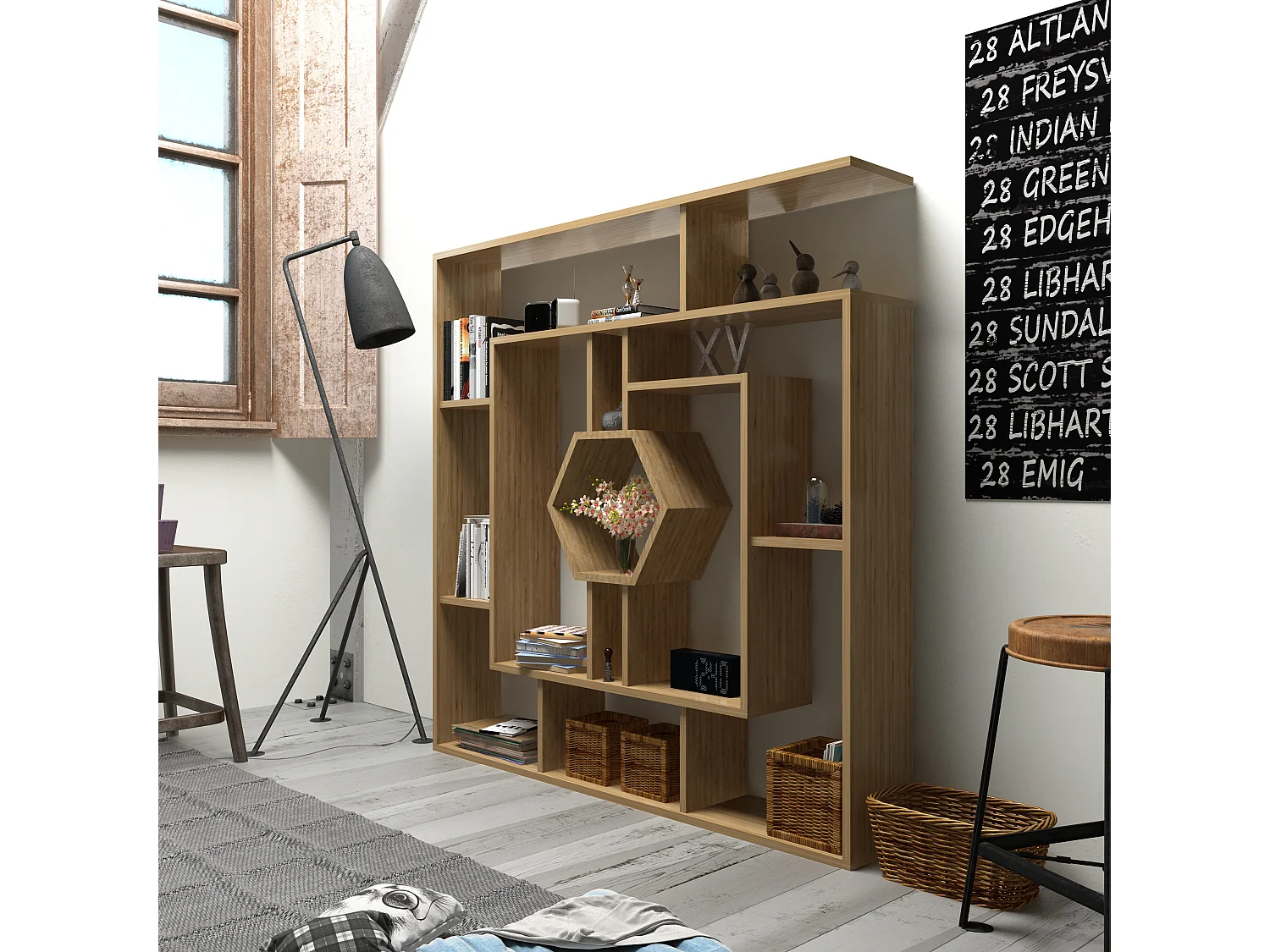 Decorotika Labrina Geometric Design Bookcase - 134 cm H x 134 cm W x 23 cm D