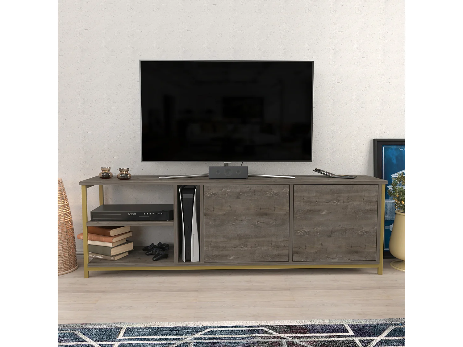Decorotika Primrose TV Unit for TV's up to 72 inches with Cabinets and Open Shelves