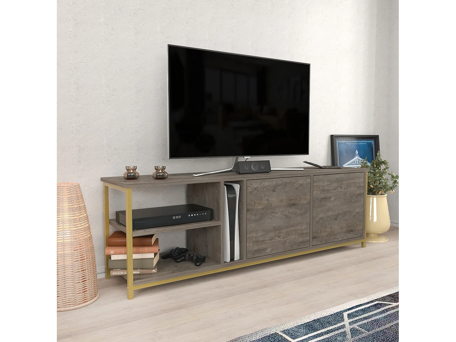 Decorotika Primrose TV Unit for TV's up to 72 inches with Cabinets and Open Shelves