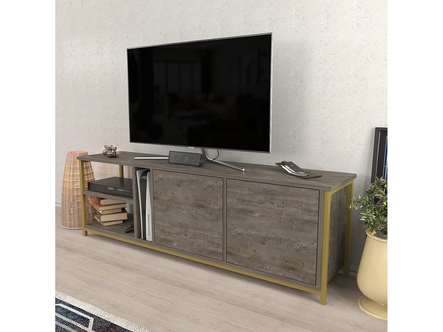 Decorotika Primrose TV Unit for TV's up to 72 inches with Cabinets and Open Shelves