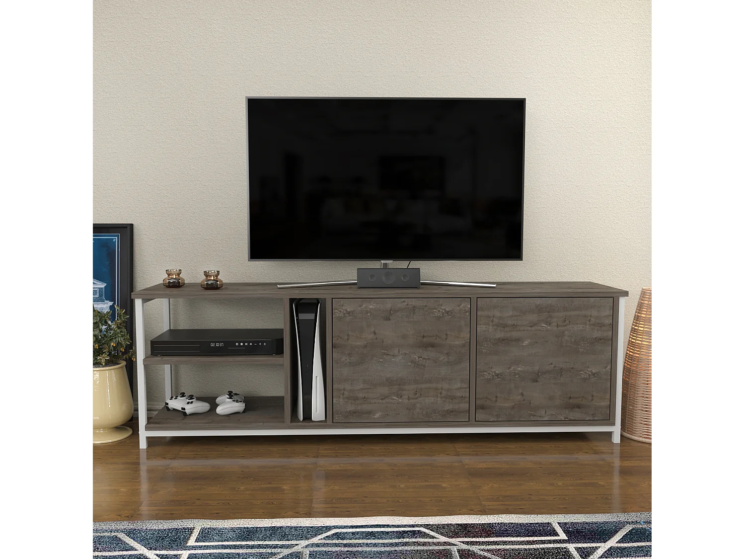 Decorotika Primrose TV Unit for TV's up to 72 inches with Cabinets and Open Shelves
