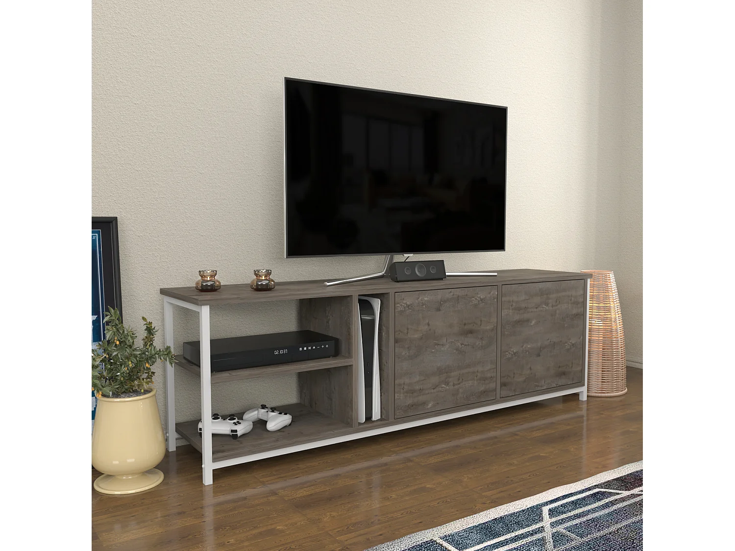 Decorotika Primrose TV Unit for TV's up to 72 inches with Cabinets and Open Shelves