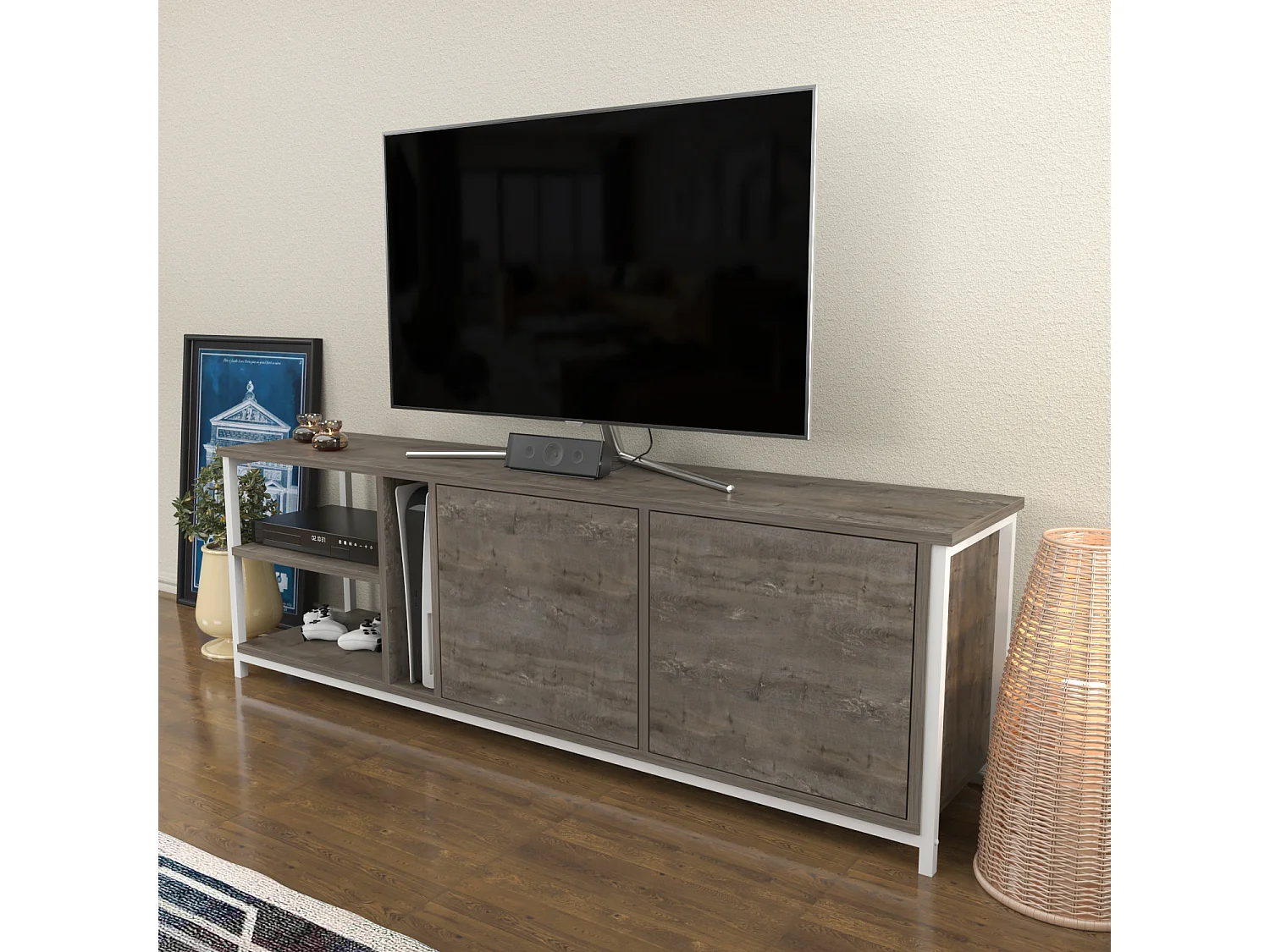 Decorotika Primrose TV Unit for TV's up to 72 inches with Cabinets and Open Shelves