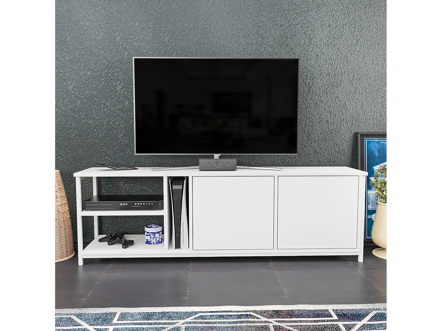 Decorotika Primrose TV Unit for TV's up to 72 inches with Cabinets and Open Shelves
