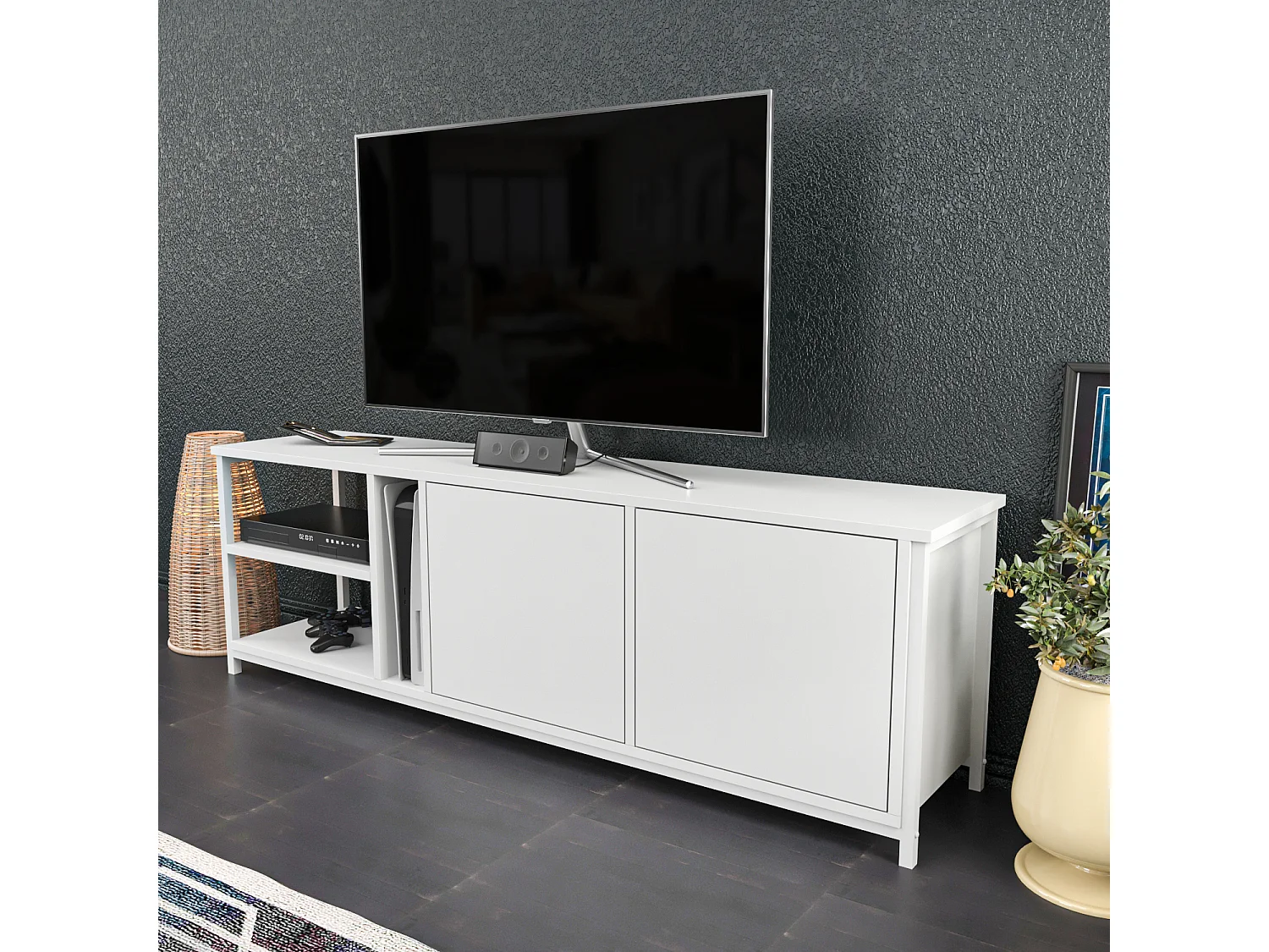 Decorotika Primrose TV Unit for TV's up to 72 inches with Cabinets and Open Shelves