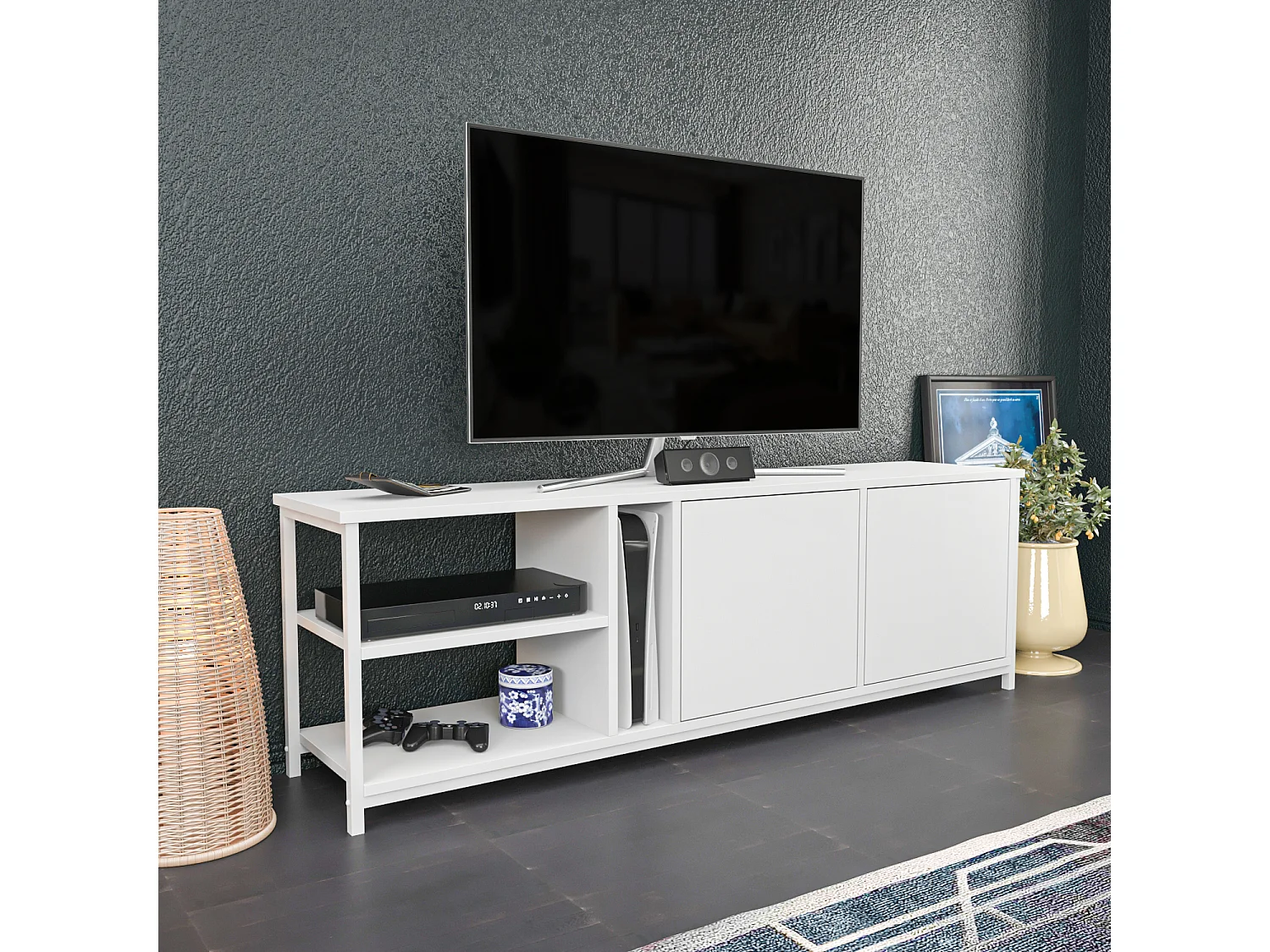 Decorotika Primrose TV Unit for TV's up to 72 inches with Cabinets and Open Shelves
