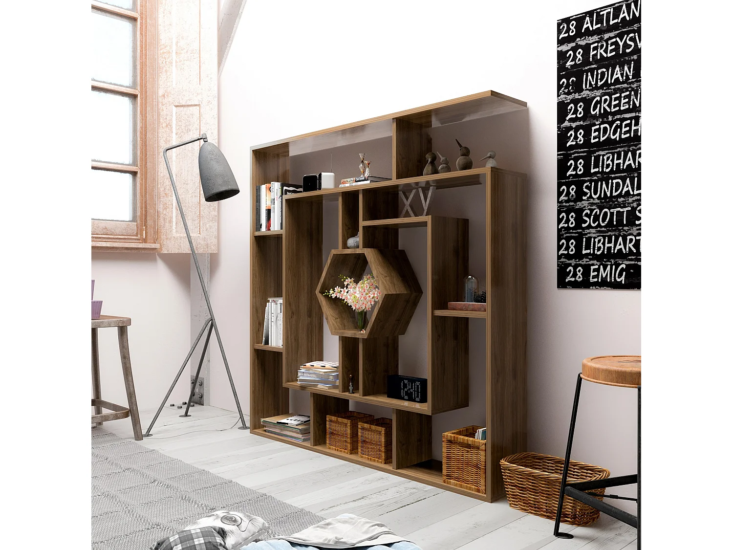 Decorotika Labrina Geometric Design Bookcase - 134 cm H x 134 cm W x 23 cm D