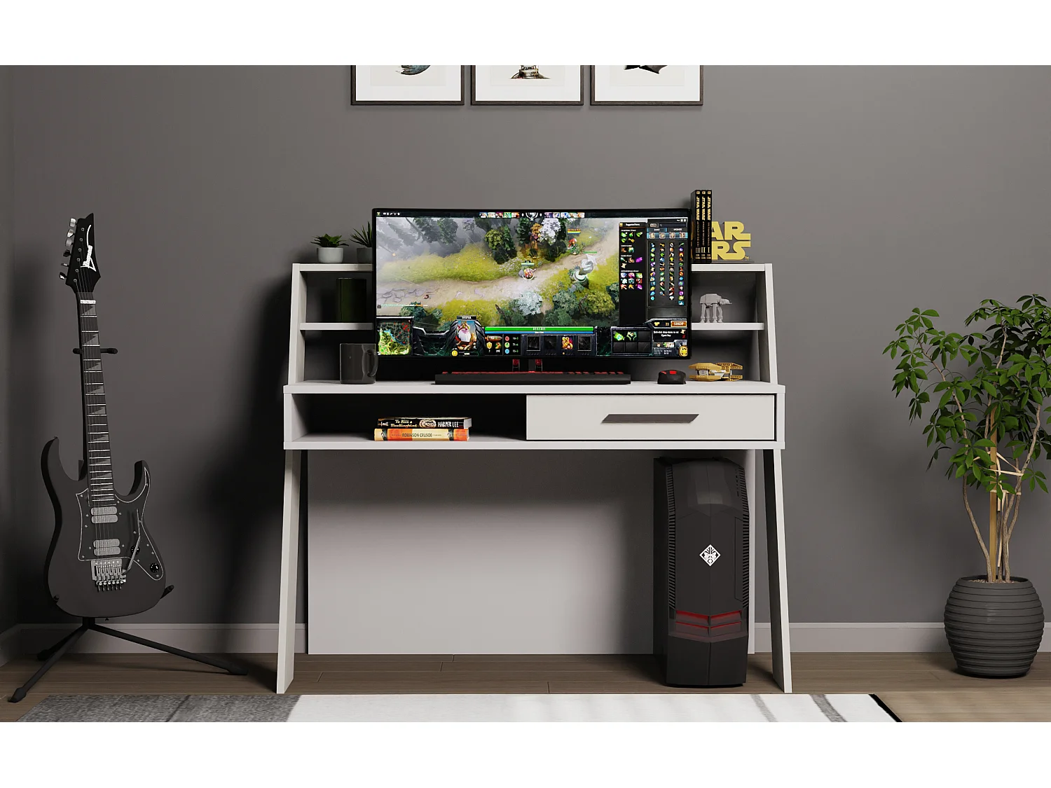 Decorotika Soho Computer Desk with Open Shelves and Drawer - W 123 cm x H 104 cm x D 59 cm
