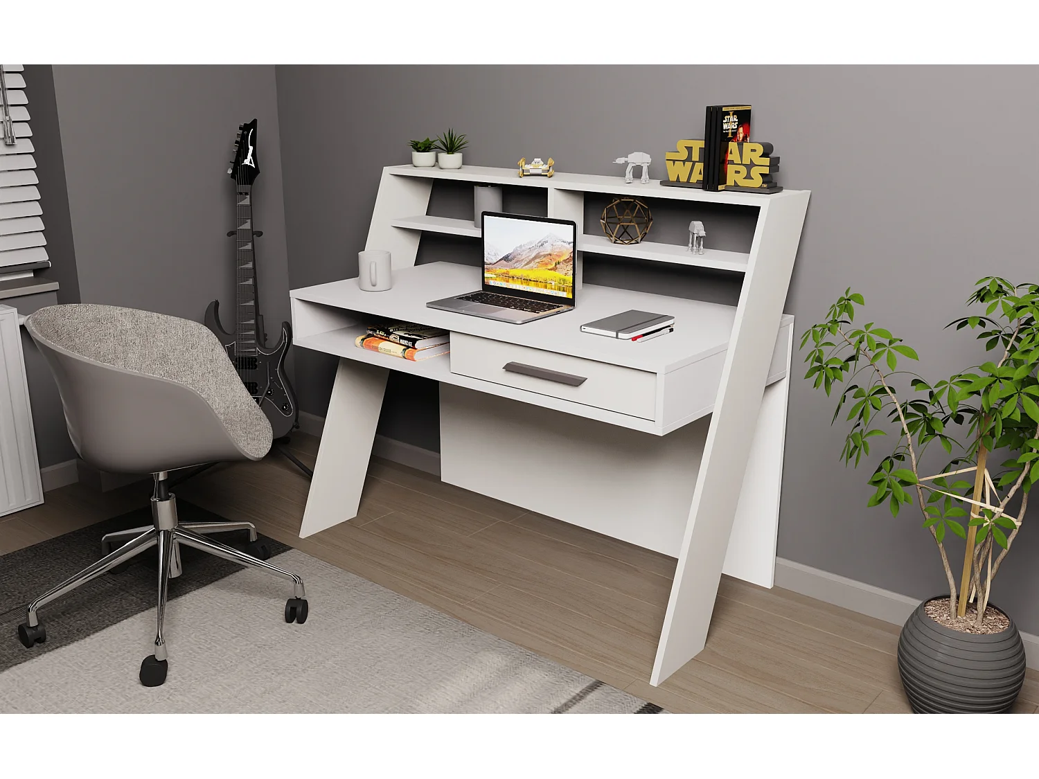 Decorotika Soho Computer Desk with Open Shelves and Drawer - W 123 cm x H 104 cm x D 59 cm