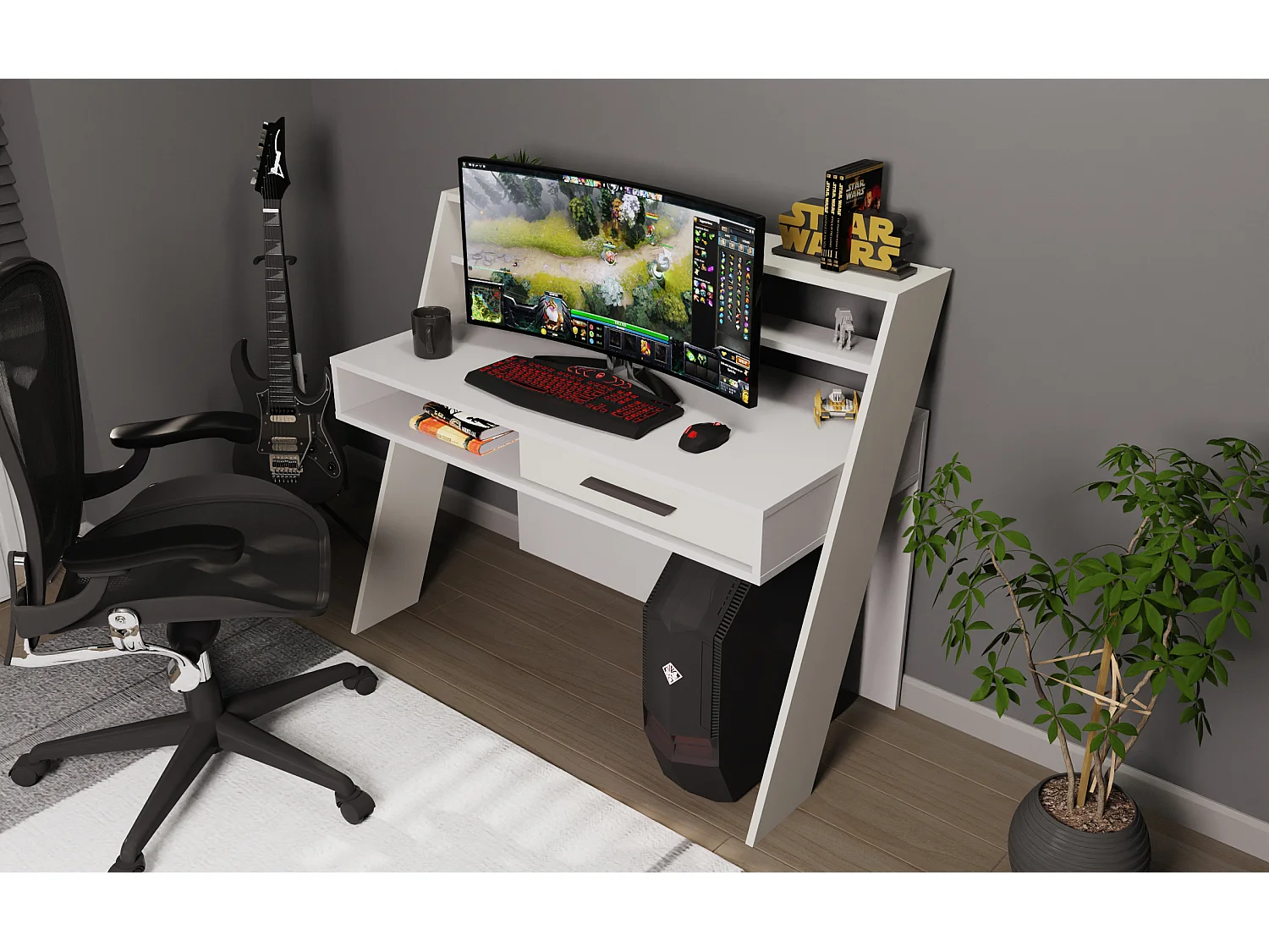 Decorotika Soho Computer Desk with Open Shelves and Drawer - W 123 cm x H 104 cm x D 59 cm
