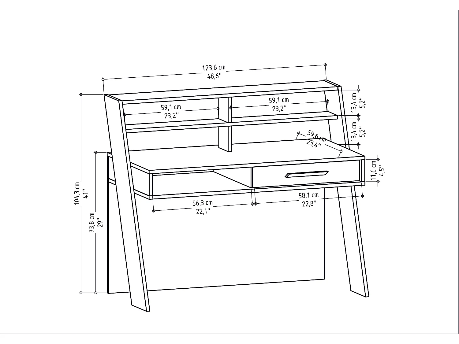 Decorotika Soho Computer Desk with Open Shelves and Drawer - W 123 cm x H 104 cm x D 59 cm