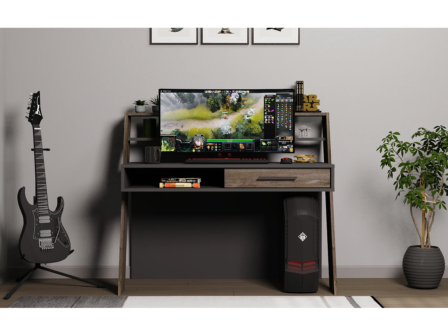 Decorotika Soho Computer Desk with Open Shelves and Drawer - W 123 cm x H 104 cm x D 59 cm