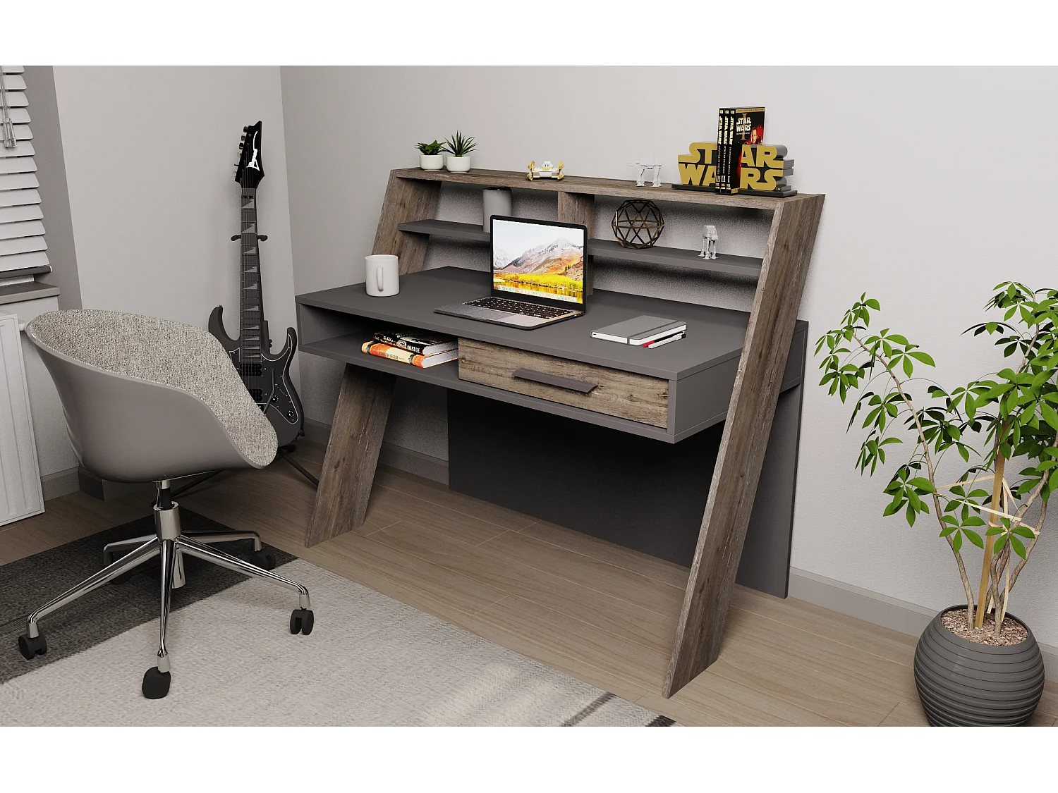 Decorotika Soho Computer Desk with Open Shelves and Drawer - W 123 cm x H 104 cm x D 59 cm