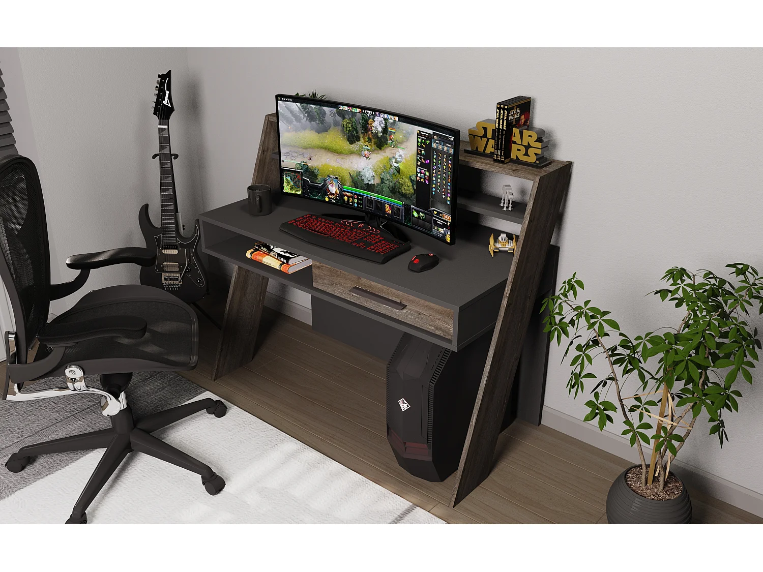 Decorotika Soho Computer Desk with Open Shelves and Drawer - W 123 cm x H 104 cm x D 59 cm