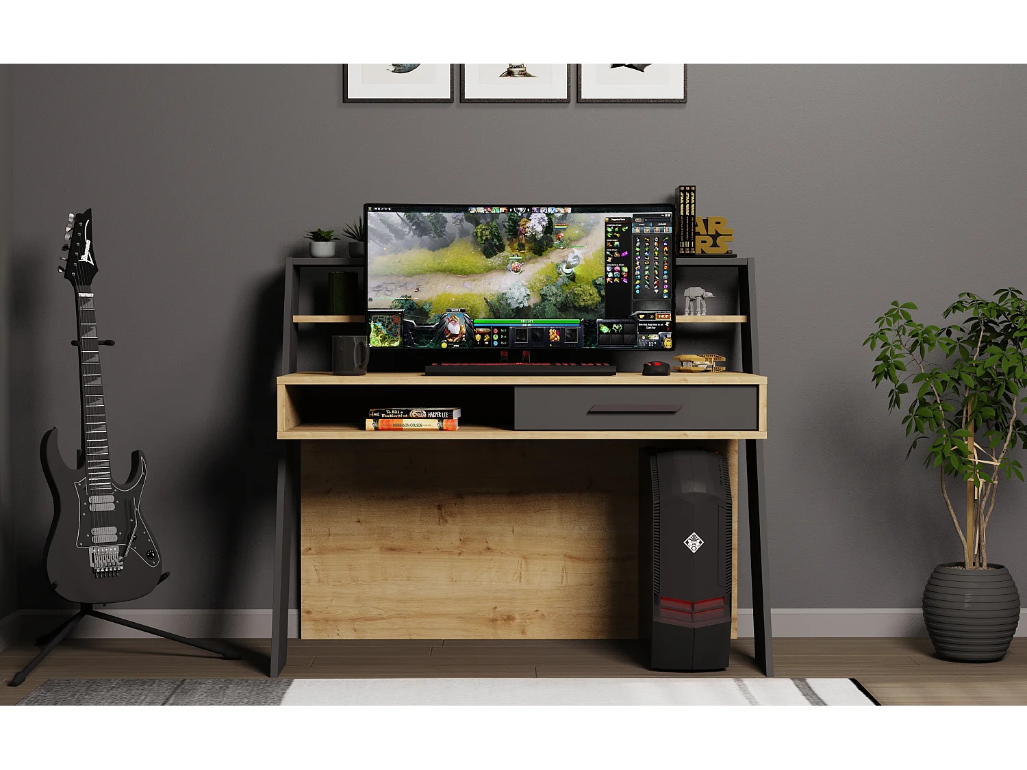 Decorotika Soho Computer Desk with Open Shelves and Drawer - W 123 cm x H 104 cm x D 59 cm