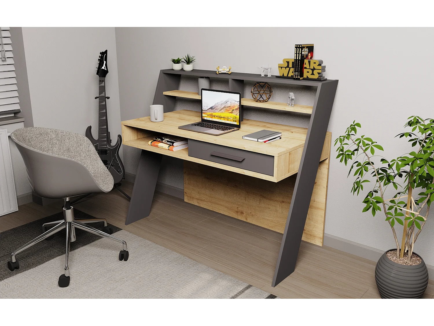 Decorotika Soho Computer Desk with Open Shelves and Drawer - W 123 cm x H 104 cm x D 59 cm