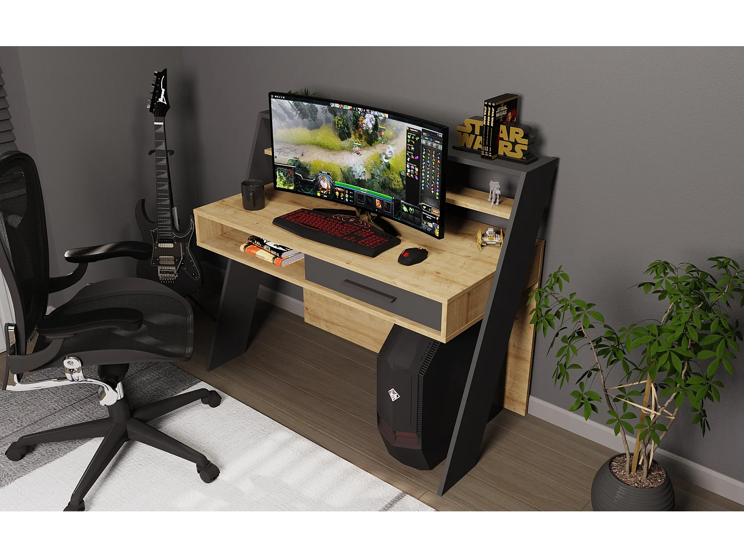 Decorotika Soho Computer Desk with Open Shelves and Drawer - W 123 cm x H 104 cm x D 59 cm