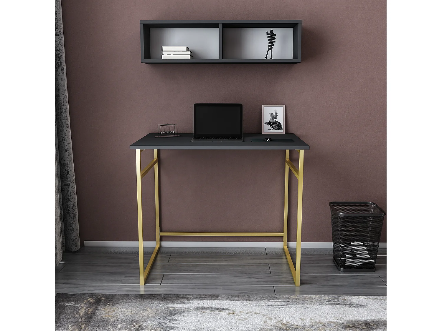 Decorotika Hussum Metal Frame Computer Desk with Wall Shelf - 90 cm W x 75 cm H x 60 cm D