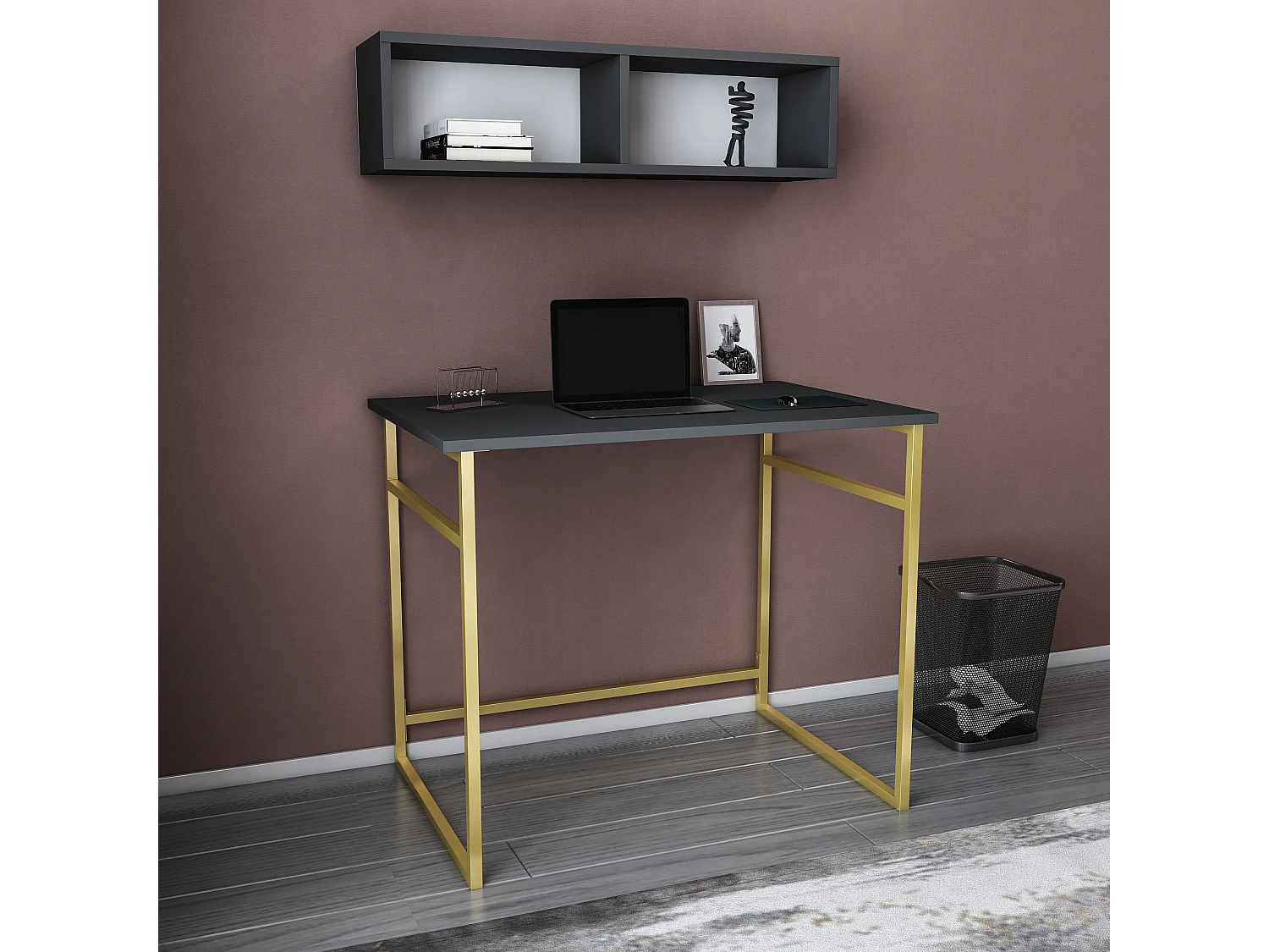 Decorotika Hussum Metal Frame Computer Desk with Wall Shelf - 90 cm W x 75 cm H x 60 cm D