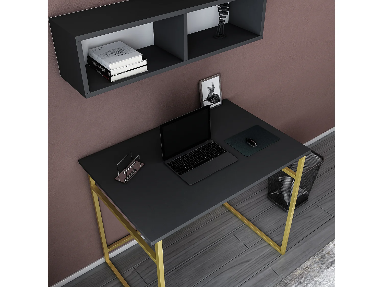 Decorotika Hussum Metal Frame Computer Desk with Wall Shelf - 90 cm W x 75 cm H x 60 cm D