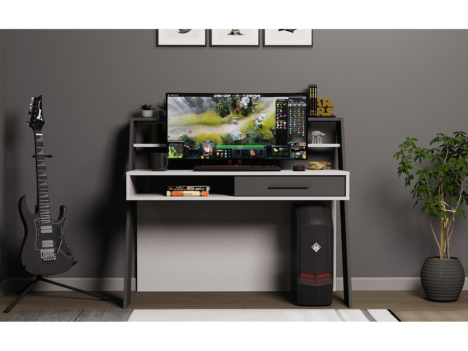 Decorotika Soho Computer Desk with Open Shelves and Drawer - W 123 cm x H 104 cm x D 59 cm