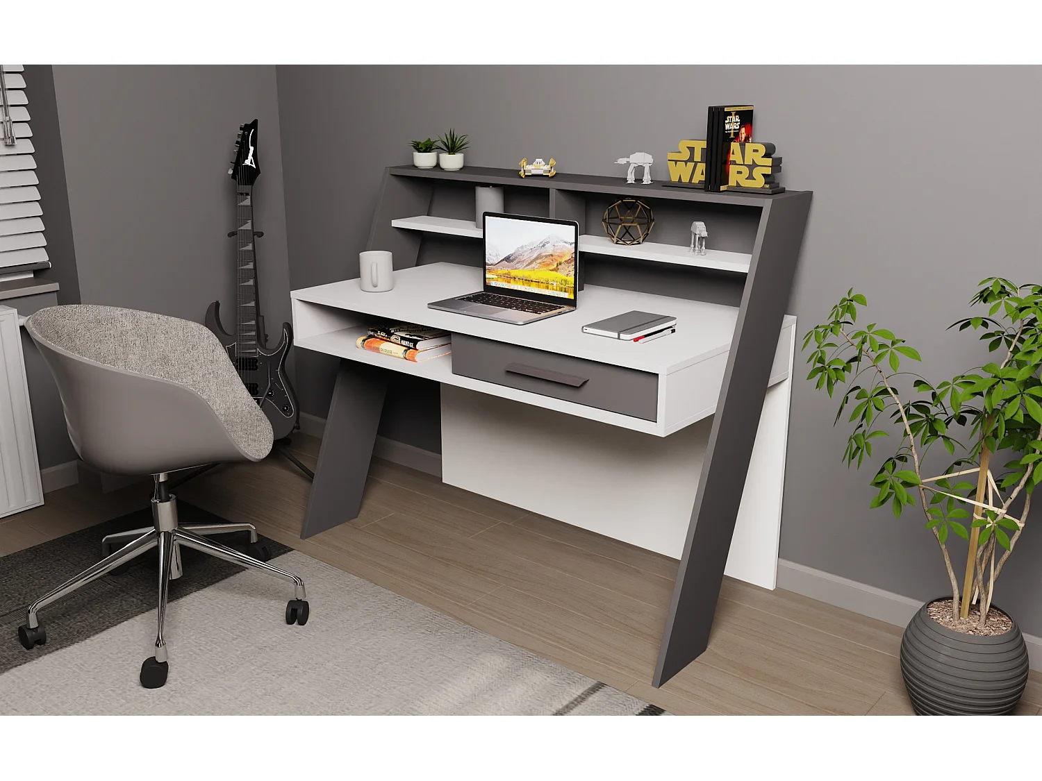 Decorotika Soho Computer Desk with Open Shelves and Drawer - W 123 cm x H 104 cm x D 59 cm