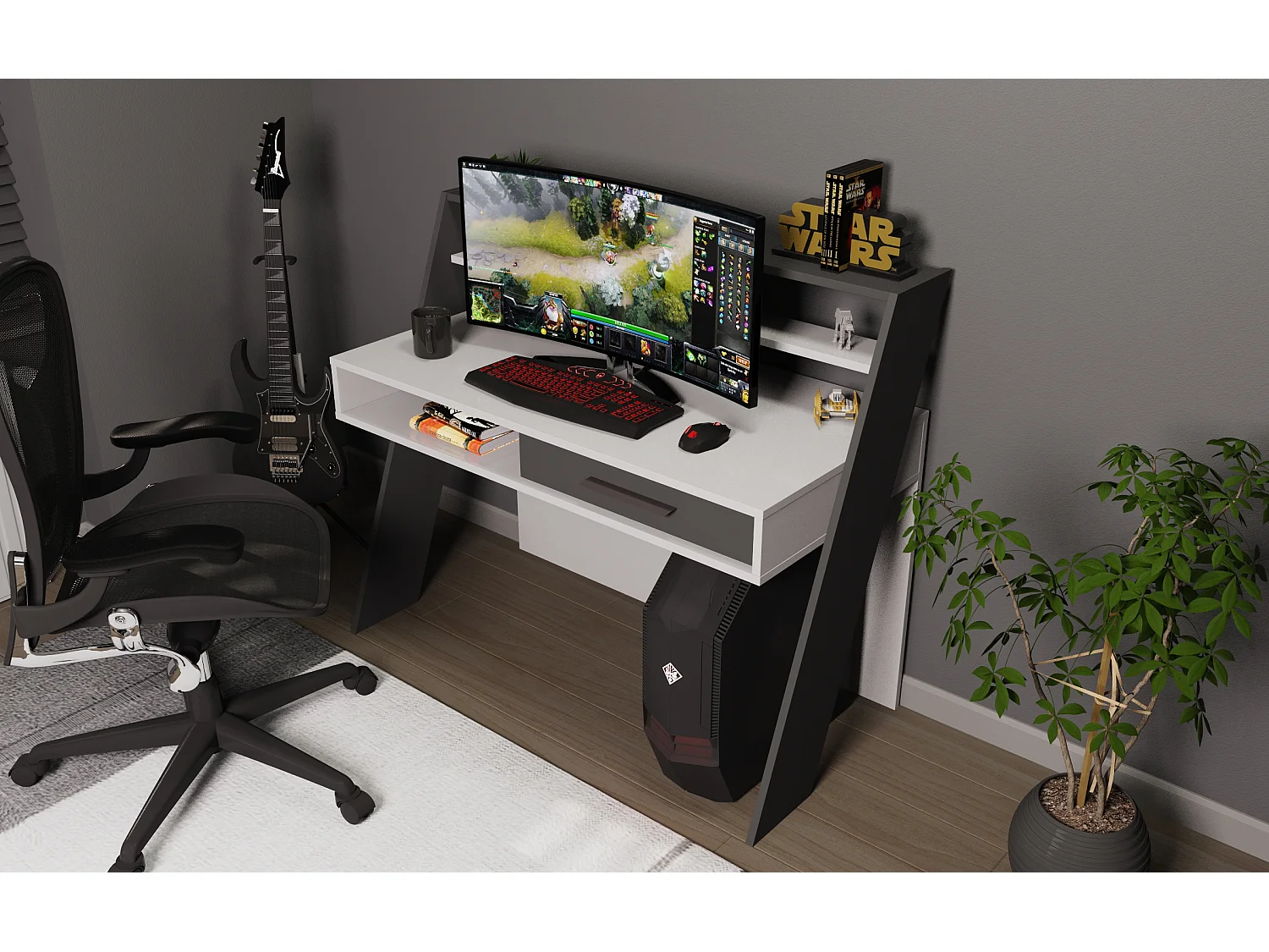 Decorotika Soho Computer Desk with Open Shelves and Drawer - W 123 cm x H 104 cm x D 59 cm