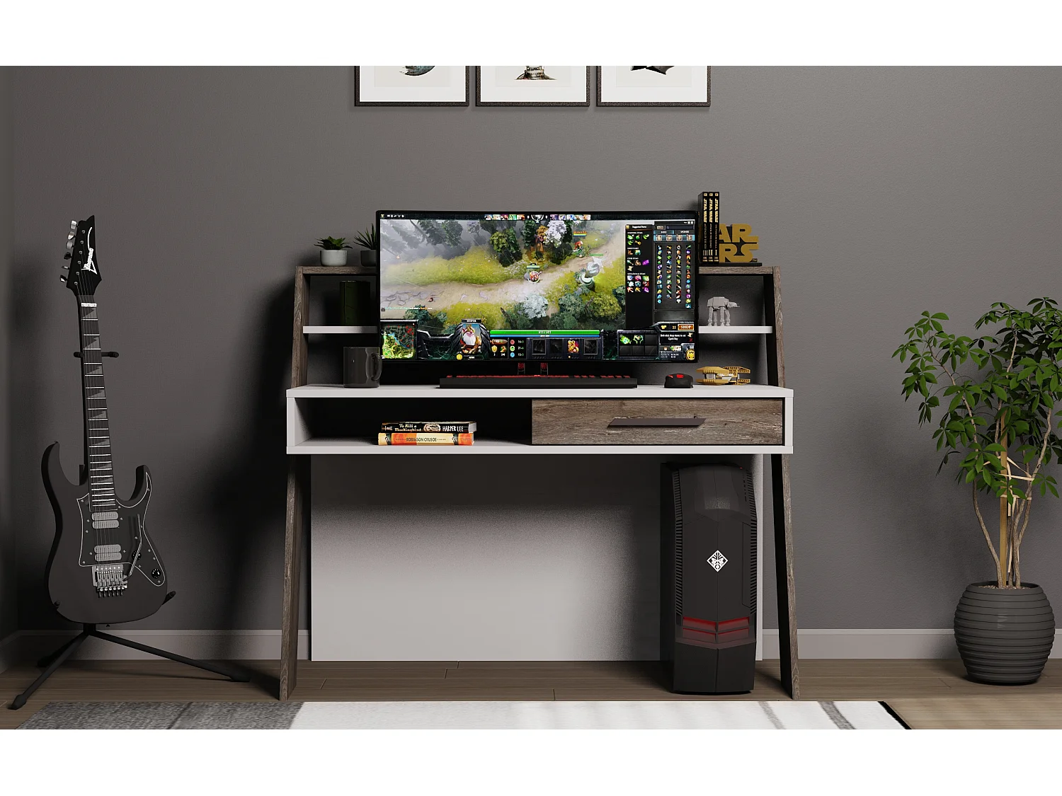 Decorotika Soho Computer Desk with Open Shelves and Drawer - W 123 cm x H 104 cm x D 59 cm