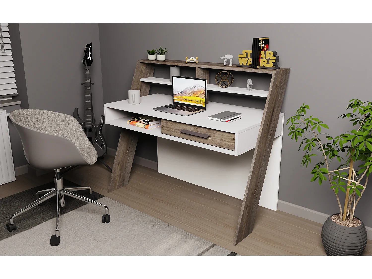 Decorotika Soho Computer Desk with Open Shelves and Drawer - W 123 cm x H 104 cm x D 59 cm