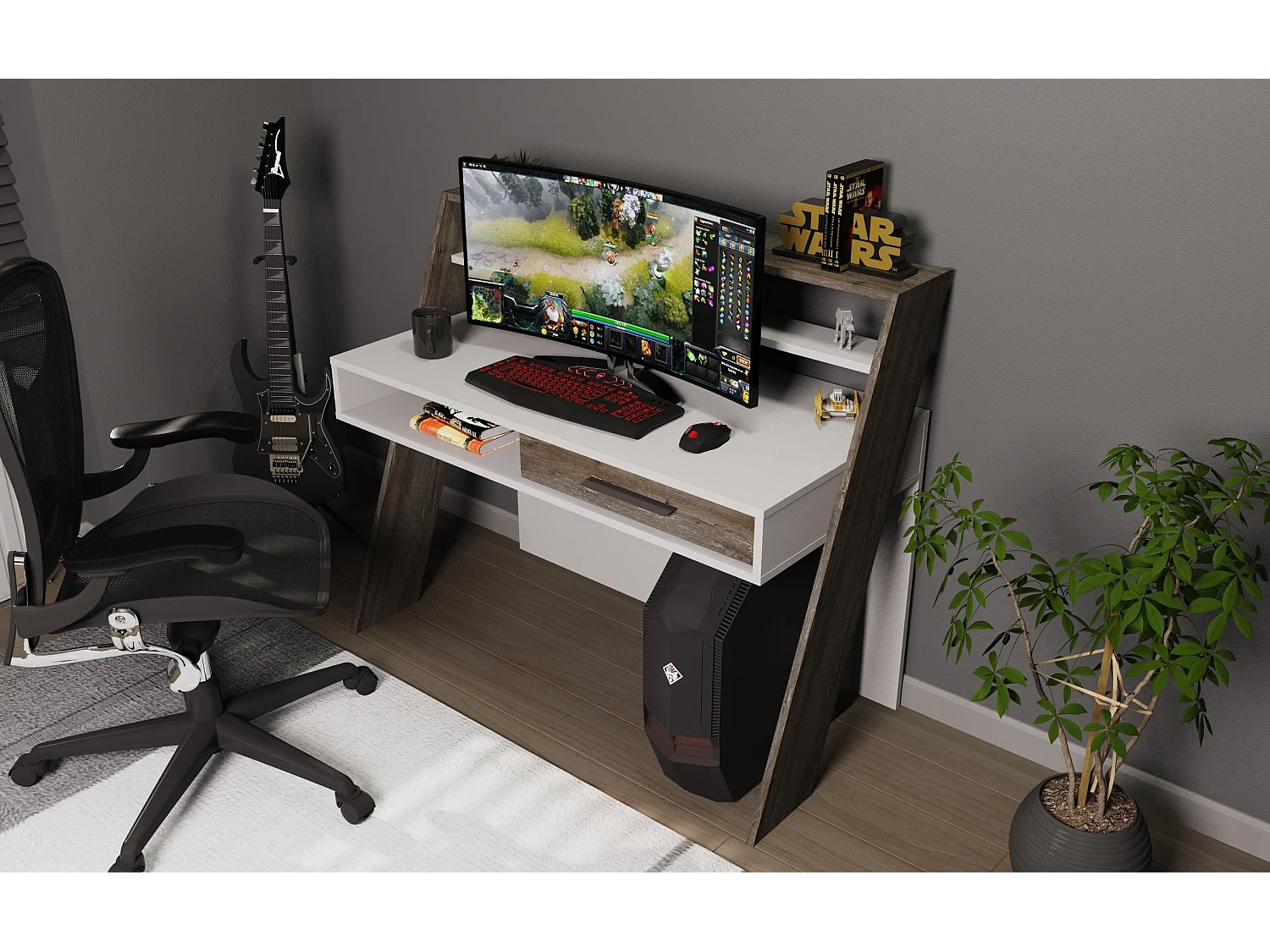 Decorotika Soho Computer Desk with Open Shelves and Drawer - W 123 cm x H 104 cm x D 59 cm