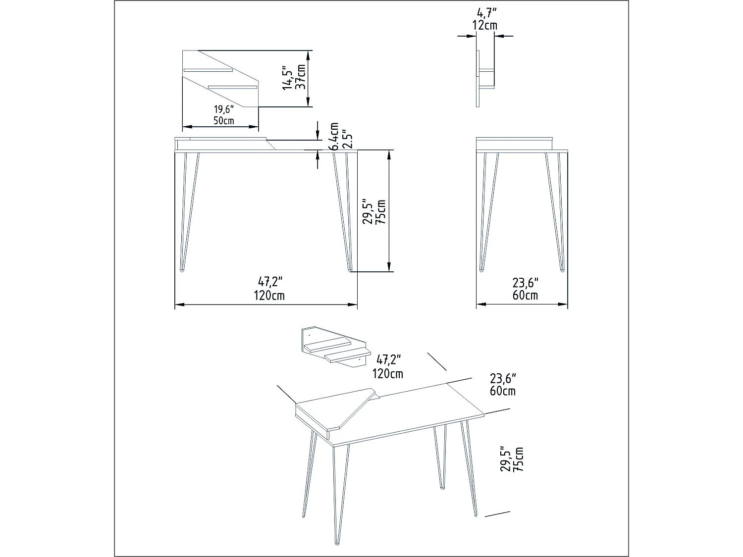 Decorotika Desalvo Study Desk with Wall Shelf and Metal Legs - W 120 cm x H 75 cm x D 60 cm