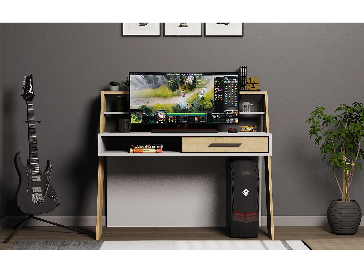 Decorotika Soho Computer Desk with Open Shelves and Drawer - W 123 cm x H 104 cm x D 59 cm