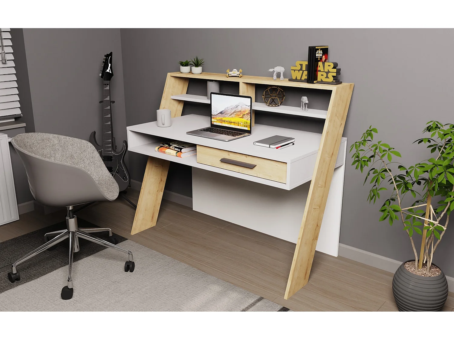 Decorotika Soho Computer Desk with Open Shelves and Drawer - W 123 cm x H 104 cm x D 59 cm