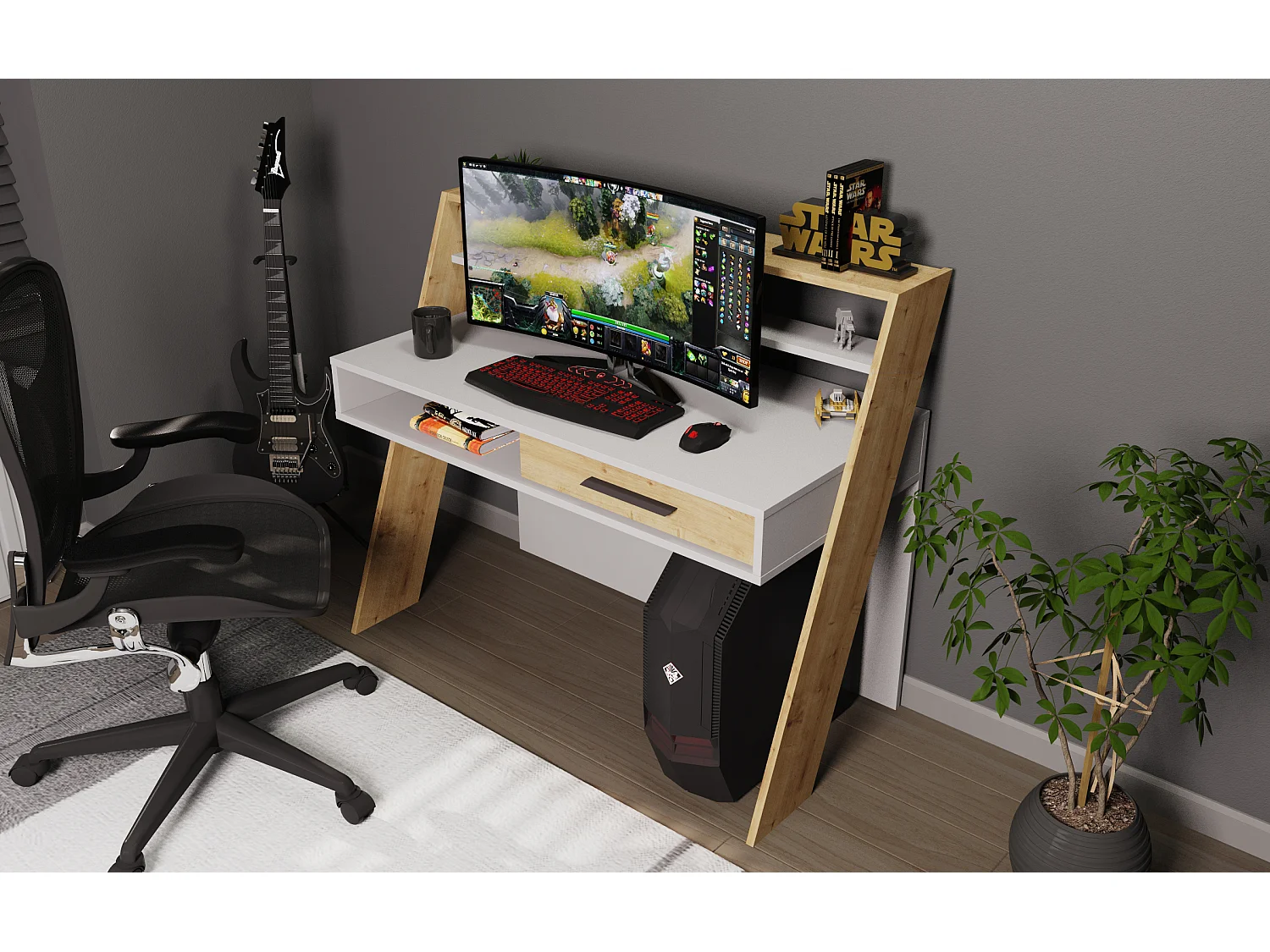 Decorotika Soho Computer Desk with Open Shelves and Drawer - W 123 cm x H 104 cm x D 59 cm