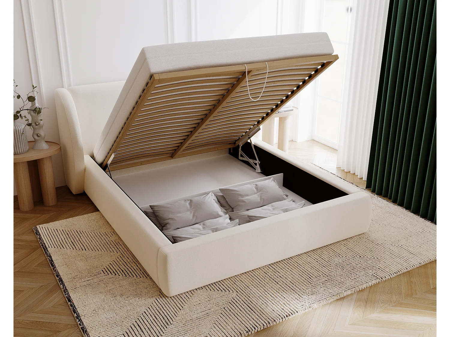 BESILIO Gestoffeerd bed 140x200 Kylie – bed met opbergruimte en lattenbodem, modern hoofdbord, opbergbed slaapkamer – Beige