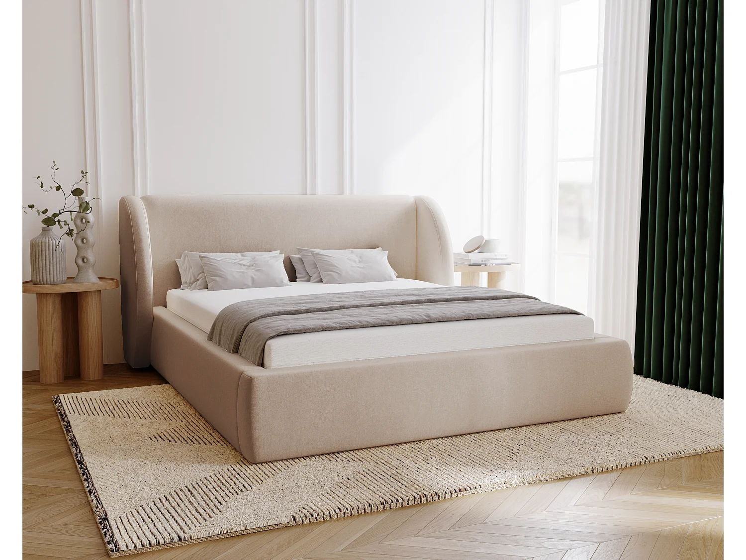 BESILIO Gestoffeerd bed 140x200 Kylie – bed met opbergruimte en lattenbodem, modern hoofdbord, opbergbed slaapkamer – Beige