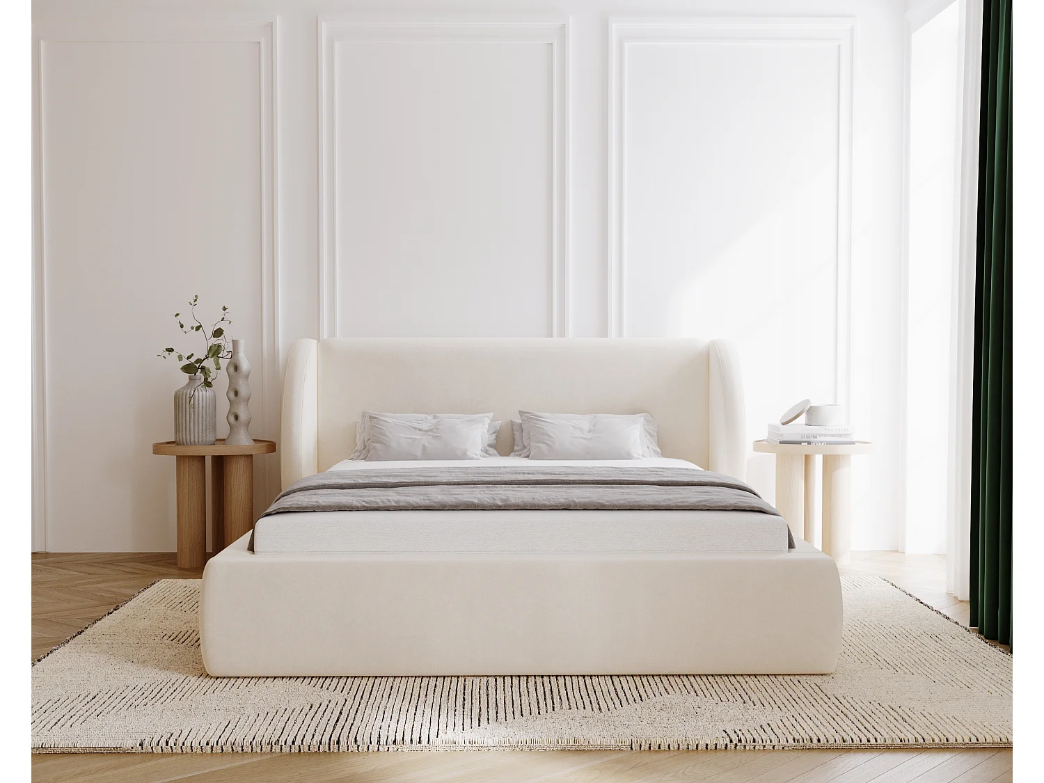 BESILIO Gestoffeerd bed 120x200 Kylie – bed met opbergruimte en lattenbodem, modern hoofdbord, opbergbed slaapkamer – Crème