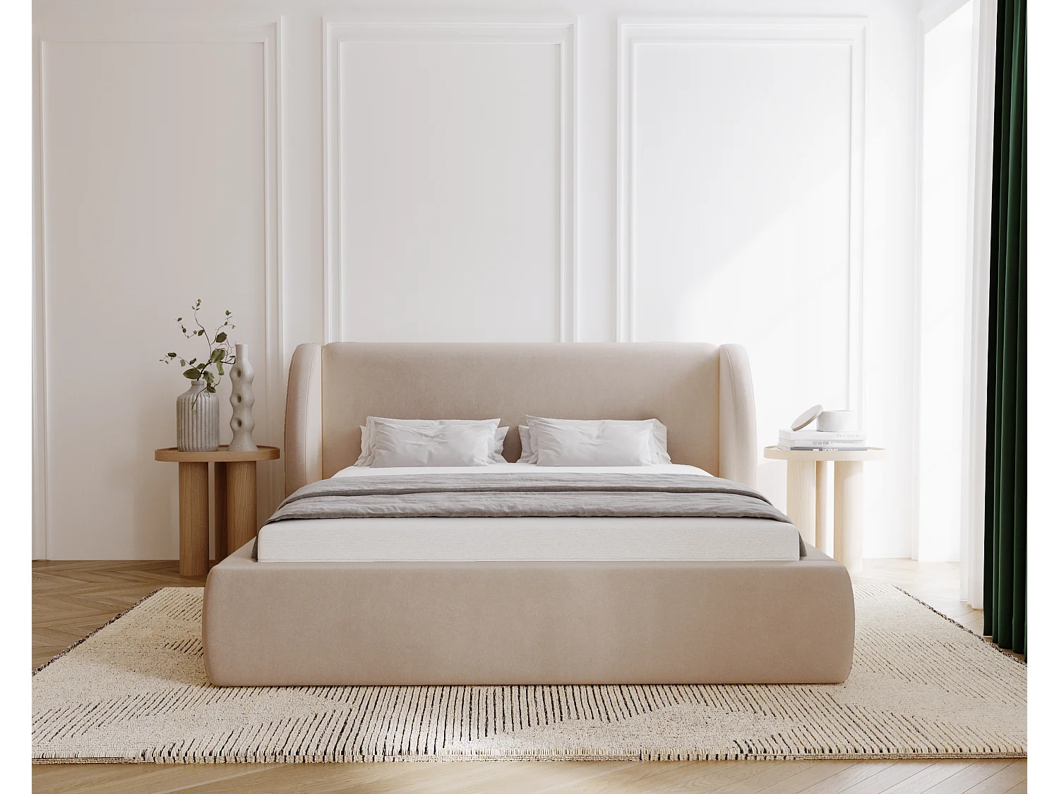 BESILIO Lit tapissé 160x200 Kylie – lit avec coffre de rangement et sommier, tête de lit moderne, lit coffre chambre – Beige
