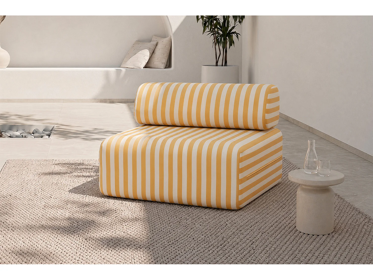 Fauteuil modulable - Tissu extérieur à rayures, blanc et jaune