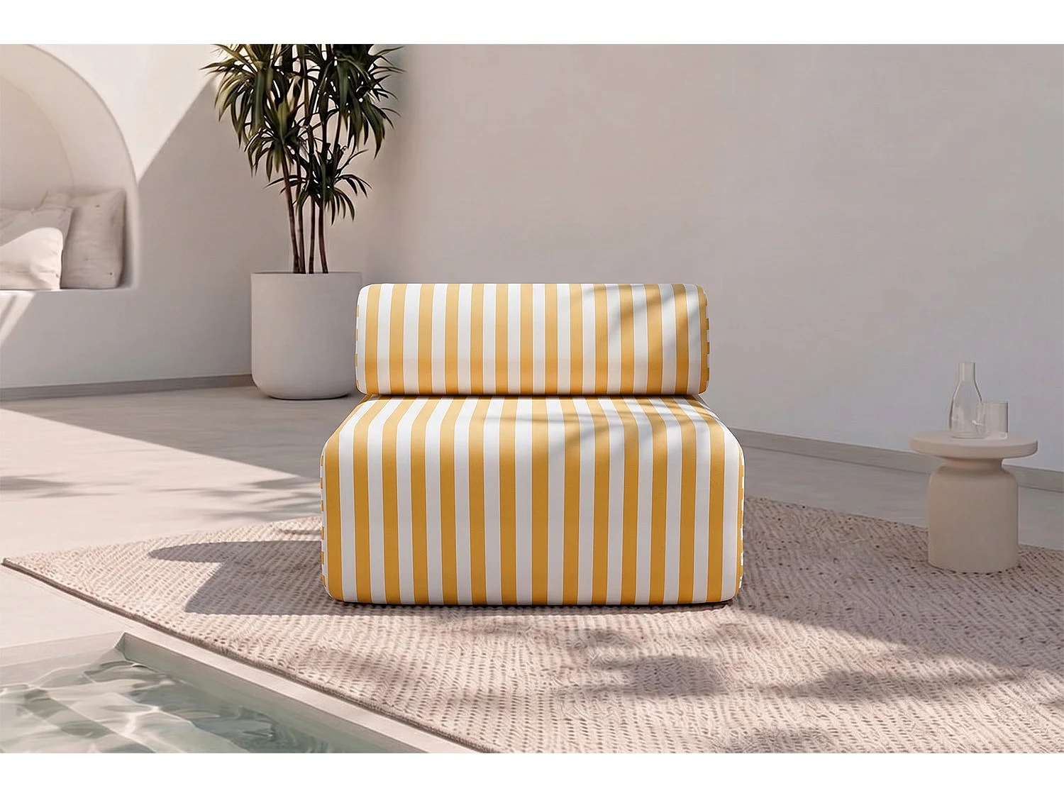 Fauteuil modulable - Tissu extérieur à rayures, blanc et jaune