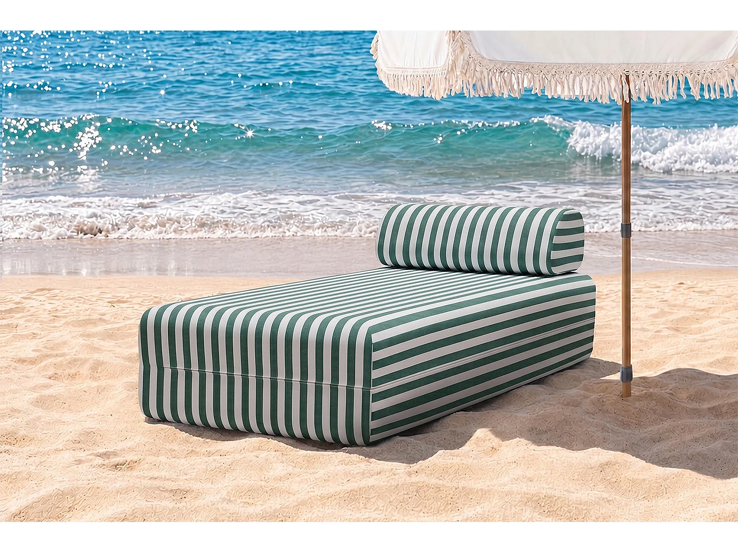 Méridienne modulable - Tissu extérieur à rayures, blanc et vert foncé