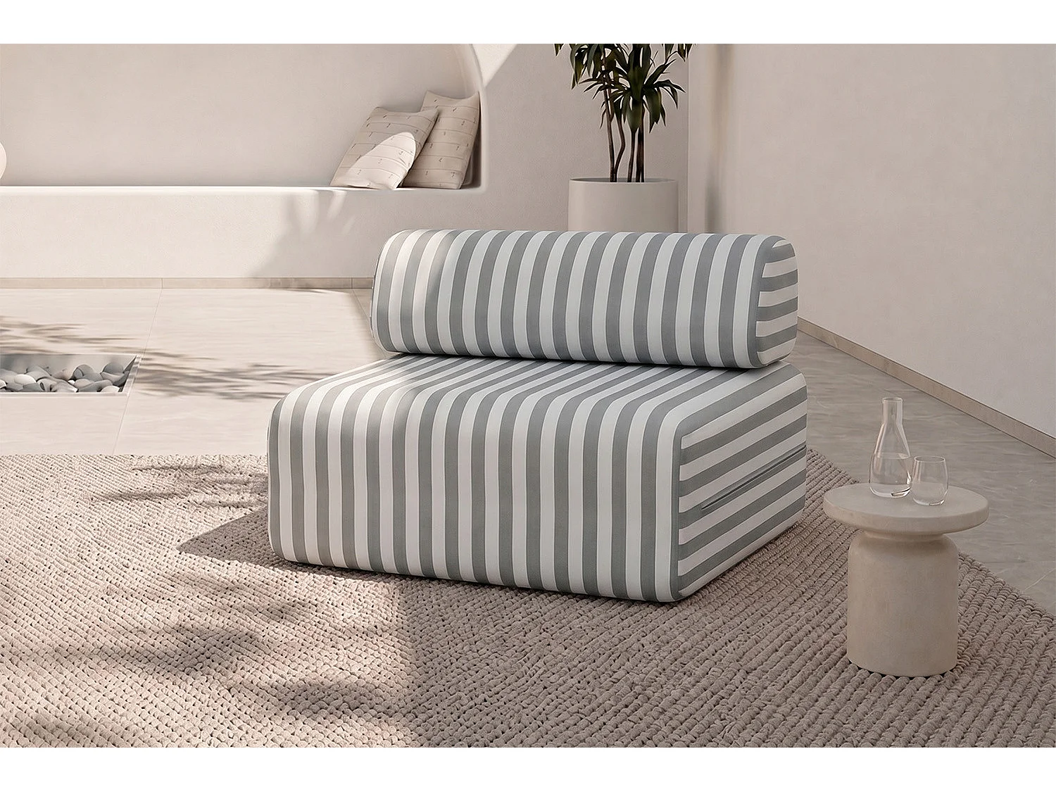 Fauteuil modulable - Tissu extérieur à rayures, blanc et gris