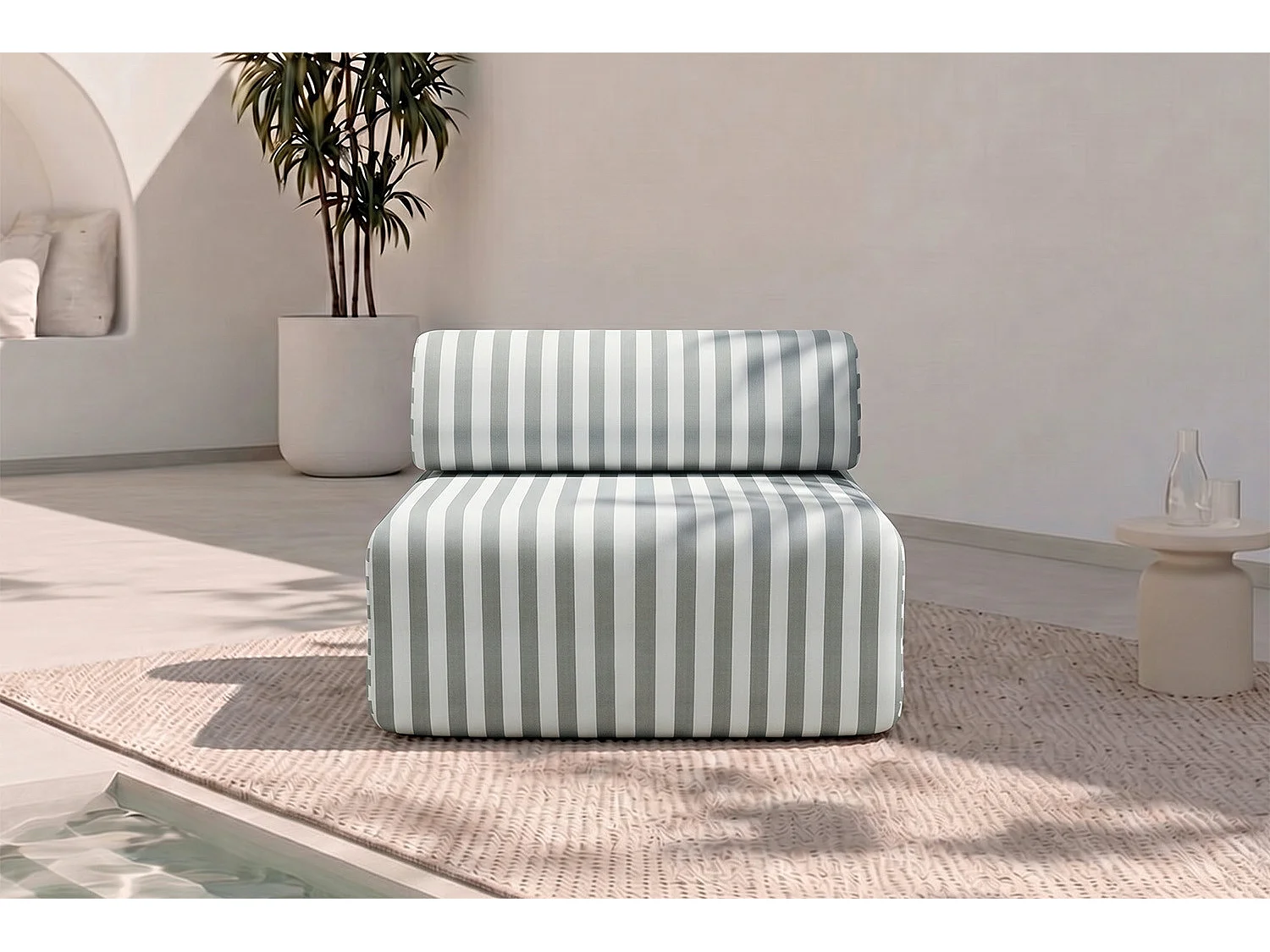 Fauteuil modulable - Tissu extérieur à rayures, blanc et gris