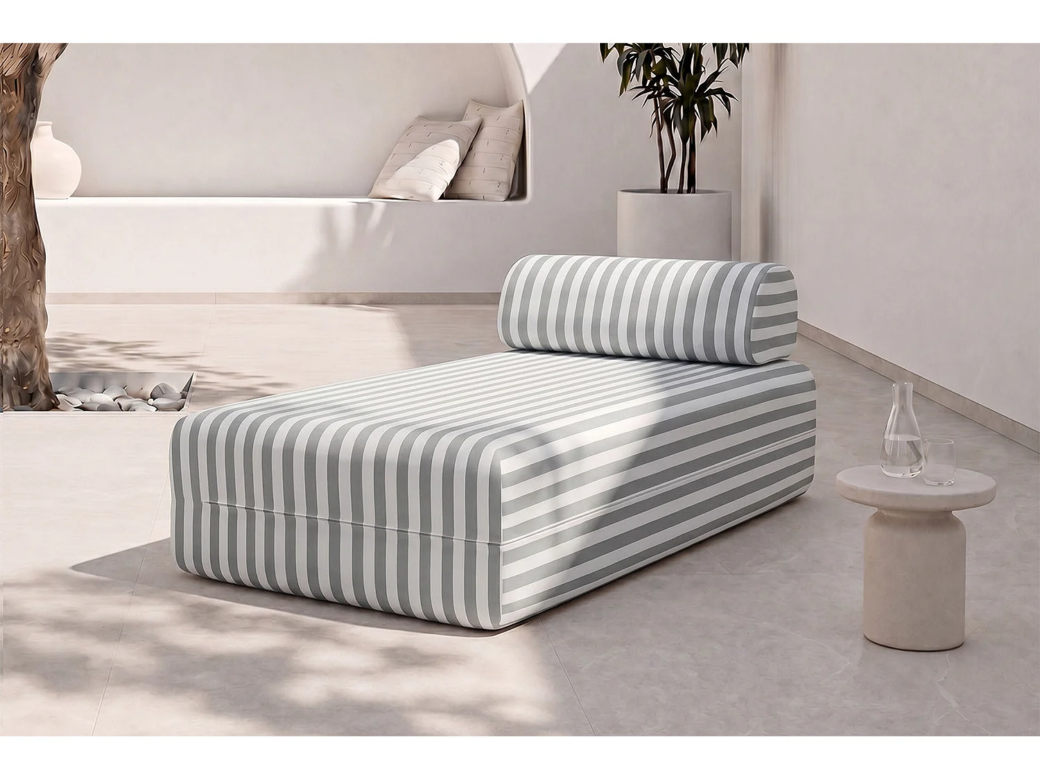 Méridienne modulable - Tissu extérieur à rayures, blanc et gris