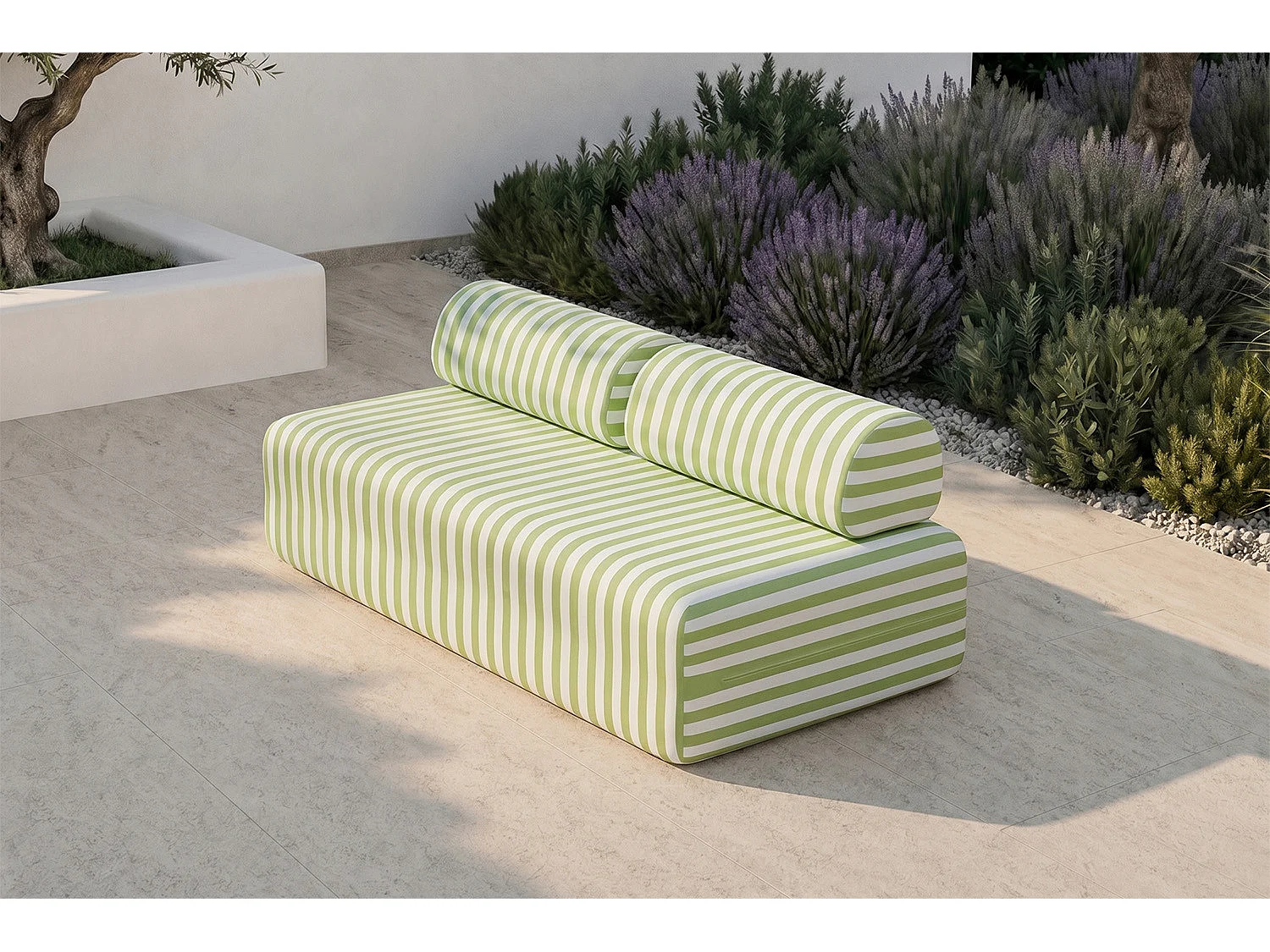 Canapé 3 places modulable - Tissu extérieur à rayures, blanc et vert anis