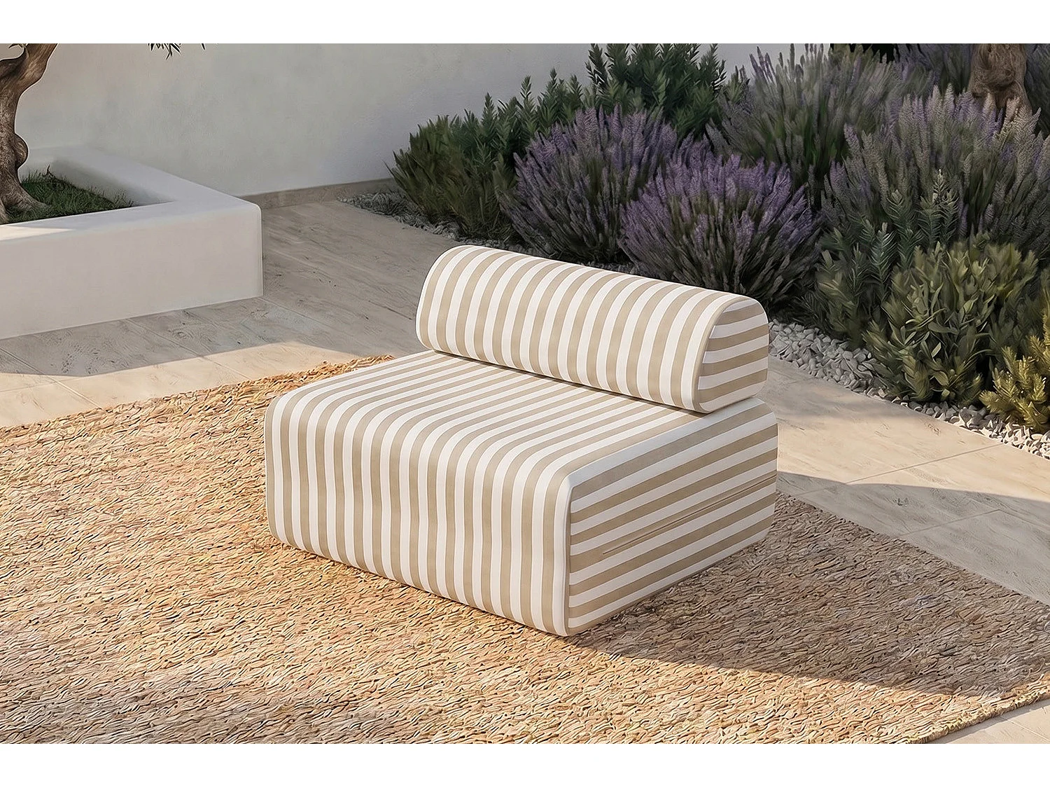 Fauteuil modulable - Tissu extérieur à rayures, blanc et beige